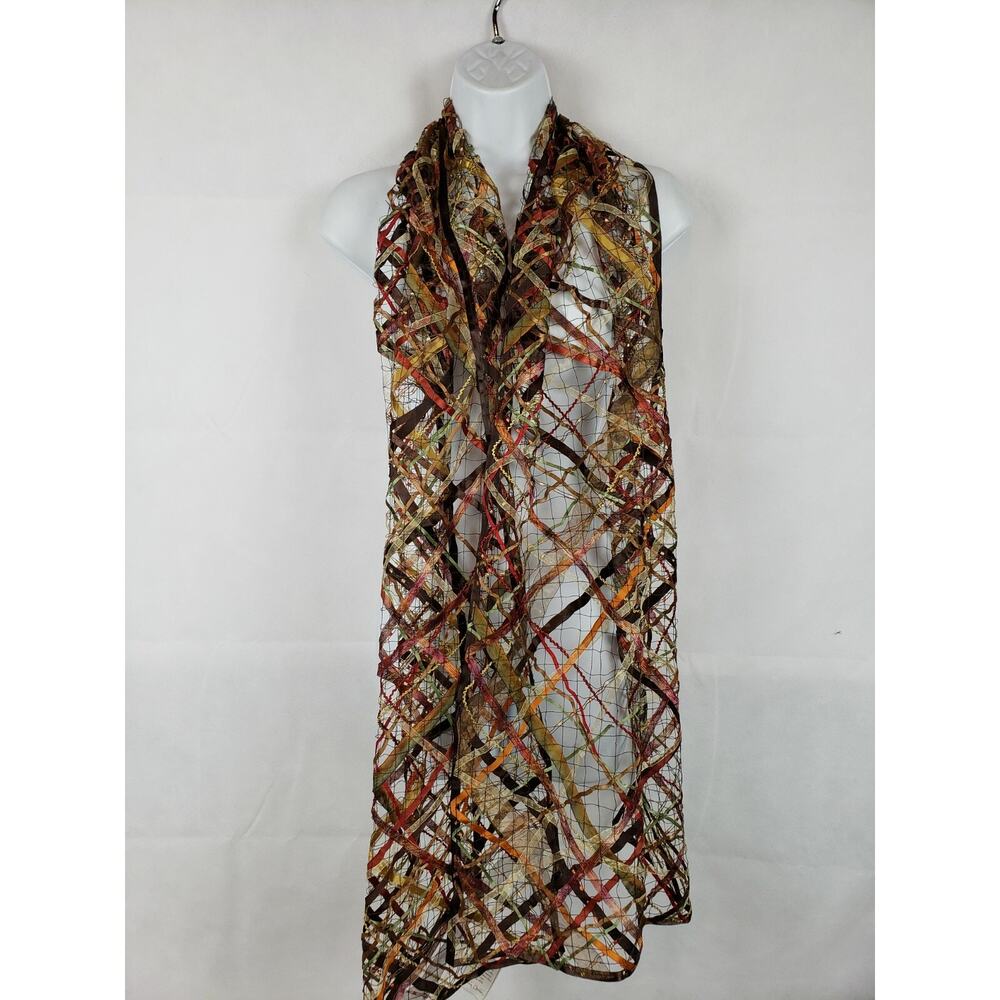 EUC Joann Chainson Scarf Red Brown green Multicolorโ silk Ribbon One of a kind